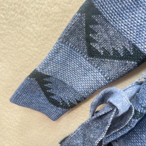 Badgley mischka Blue black Jacquard knit Shawl Belted Fringe long cardigan L NWT - Picture 7 of 12